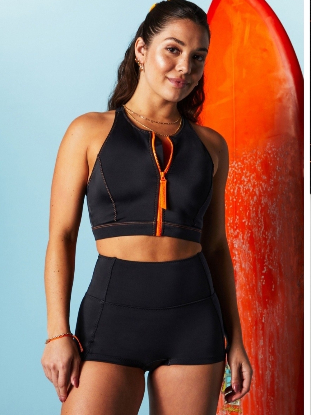 Fabletics Zip Front Racerback Swim Top Black Orange Size M NWOT